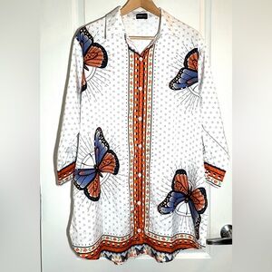 Pluswear Orange Blue Butterfly Print Collared Button-Down Shirt Vintage inspired